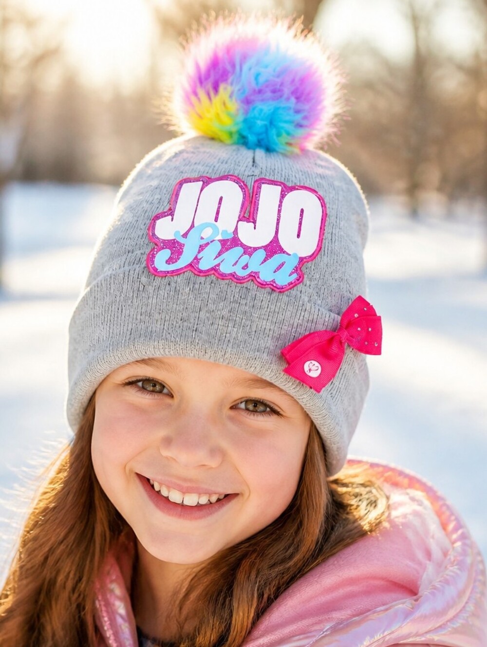 JoJo Siwa Beanie Girls Gray Rainbow Pom Pink Bow Glitter Nickelodeon Y2K Hat